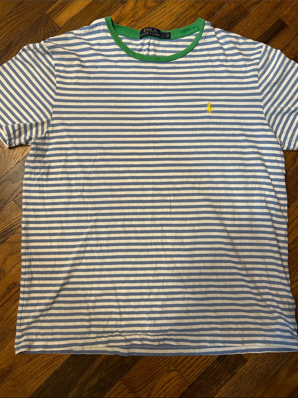 Polo by Ralph Lauren White & Blue Striped Tee with Green Neck Trim - Picture 6 of 7